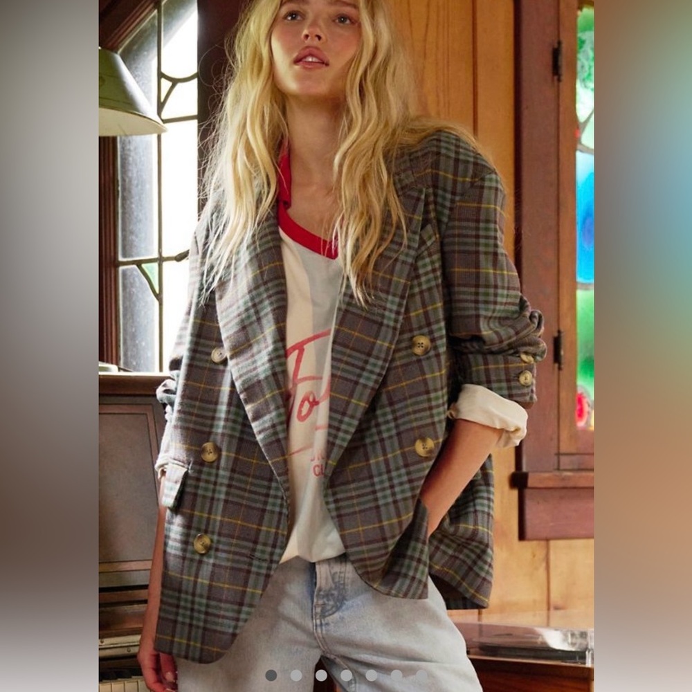 Free People Plaid Double-Breasted Blazer in Green and Gray